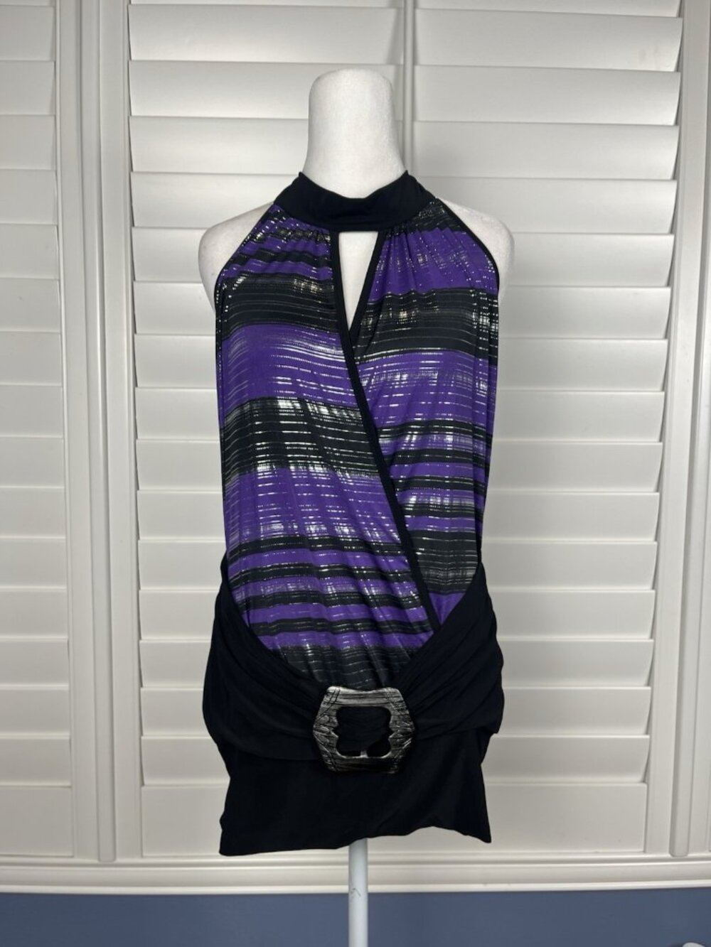 t.w.i.n Purple Black Metallic Striped Halter Top Women’s Y2K